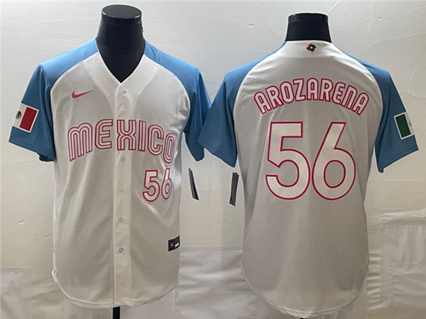 Men's Mexico Baseball #56 Randy Arozarena 2023 White Blue World Baseball Classic With Patch Stitched Jersey